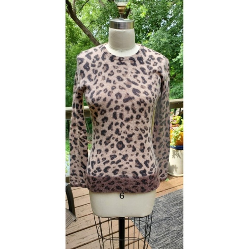 Magaschoni 100% Cashmere Crew Sweater Relaxed Fit Leopard Print Brown‎ Tan M EUC